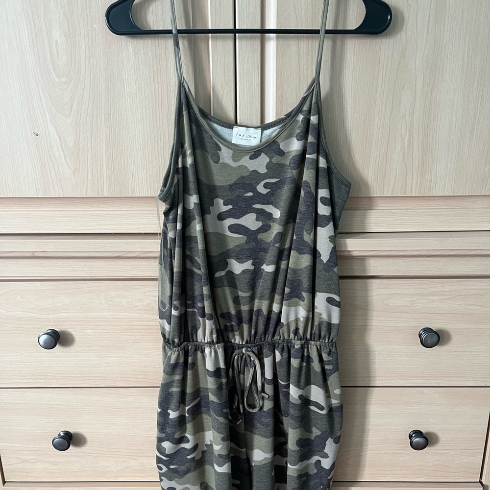 Camo spaghetti strap romper from a boutique. Size: L